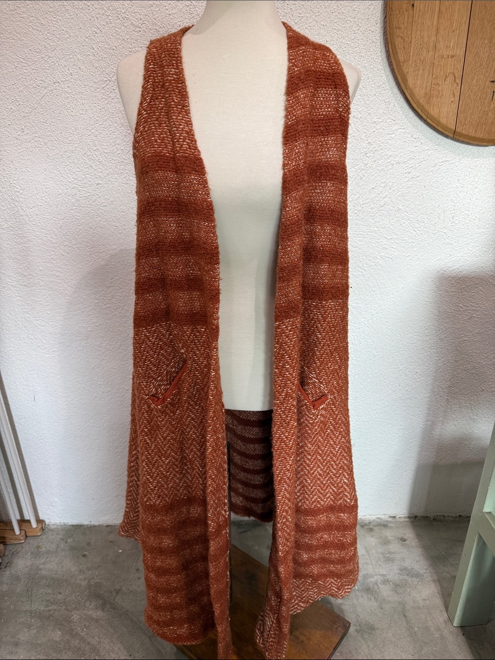 Rust Orange Long Open Knit Vest